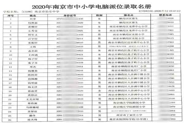 2020年南京市伯樂中學(xué)電腦派位錄取名單公示