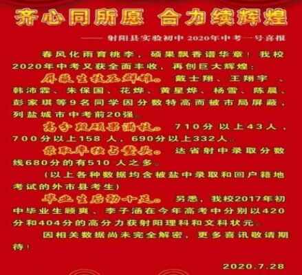 2020年射陽(yáng)縣實(shí)驗(yàn)初中中考成績(jī)升學(xué)率(中考喜報(bào))