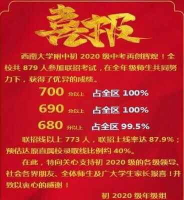 2020年西南大學(xué)附中中考成績(jī)升學(xué)率(中考喜報(bào))