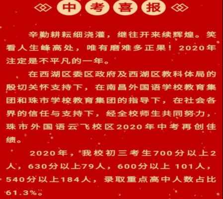 2020年南昌外國語珠市云飛校區(qū)中考成績升學率(中考喜報)