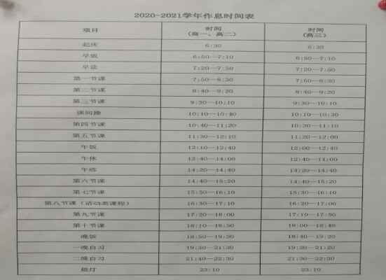 2020-2021年太原令德中學(xué)作息時間表