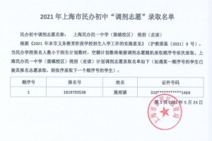 2021年上海民辦民一中學(xué)(初中)調(diào)劑志愿錄取名單