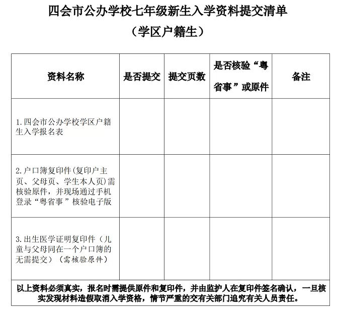 2024年四會市公辦學(xué)校七年級新生入學(xué)資料提交清單(學(xué)區(qū)戶籍生)