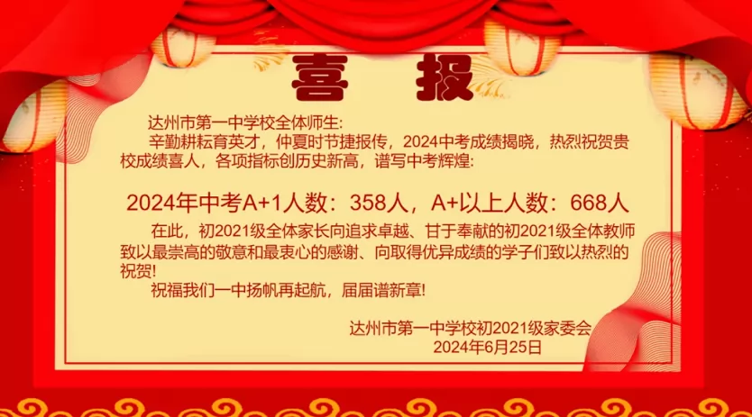 2024年達州市第一中學中考成績升學率(中考喜報)