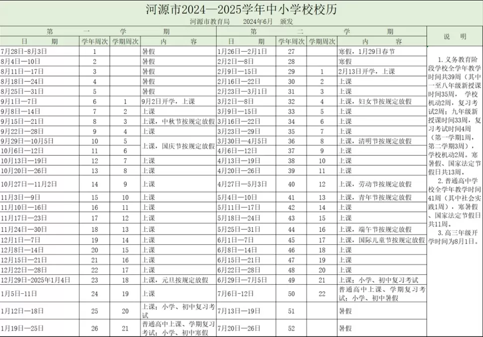 2024-2025年河源市中小學開學放假時間安排(校歷)