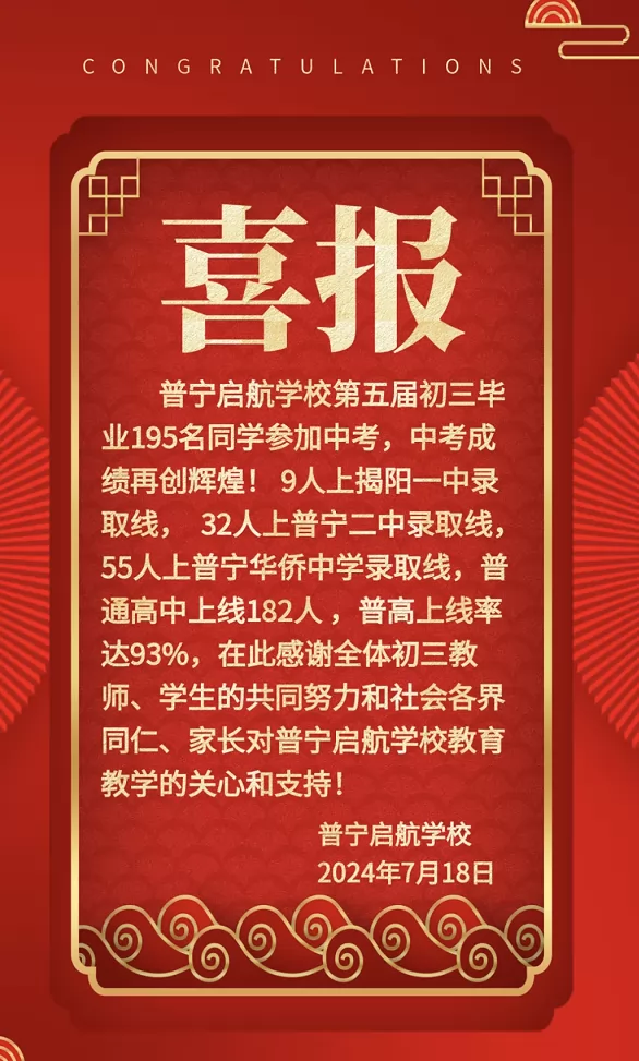 2024年普寧啟航學(xué)校中考成績(jī)升學(xué)率(中考喜報(bào))