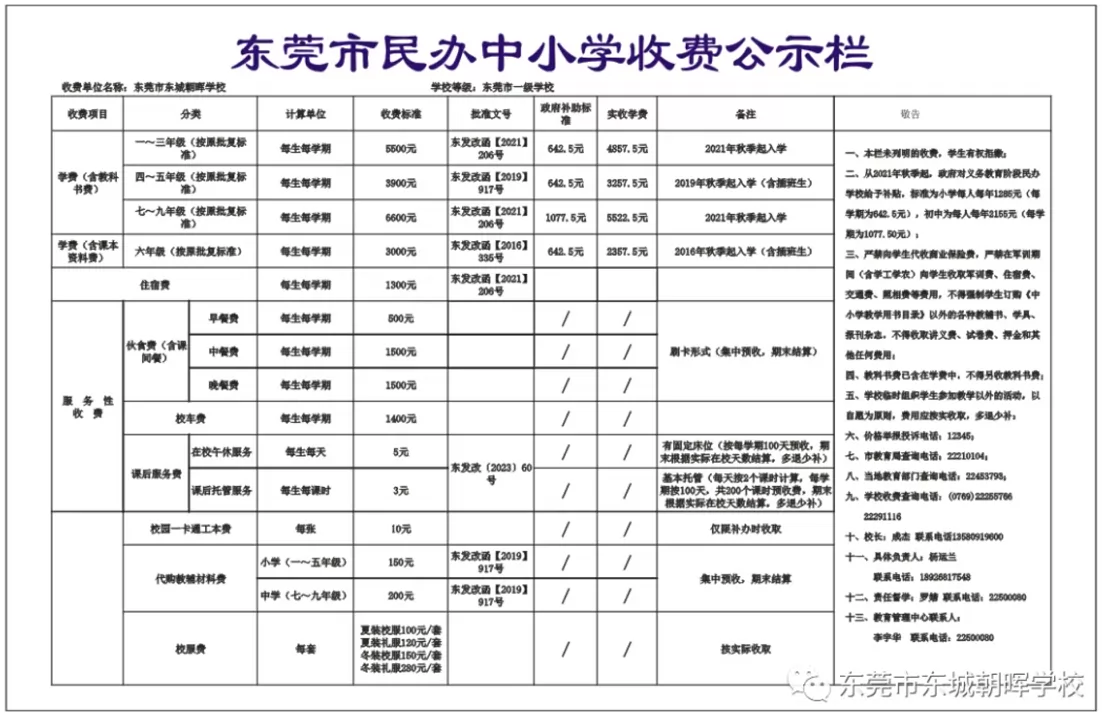 東莞市東城朝暉學校收費標準