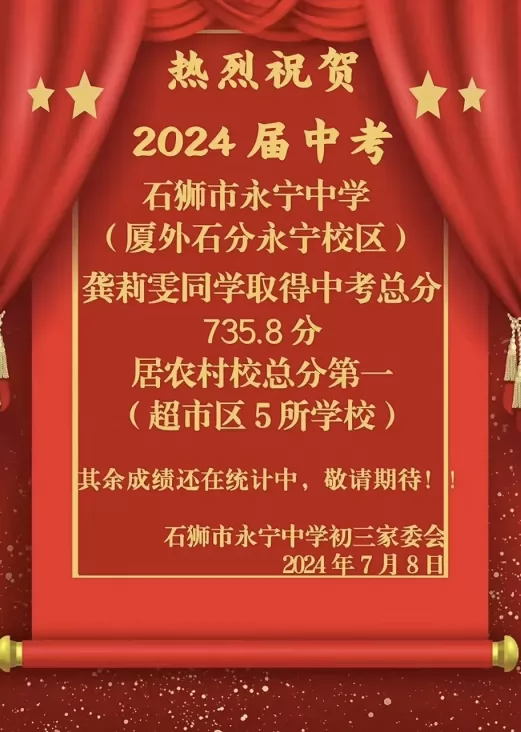 2024年石獅市永寧中學(xué)中考成績升學(xué)率(中考喜報)