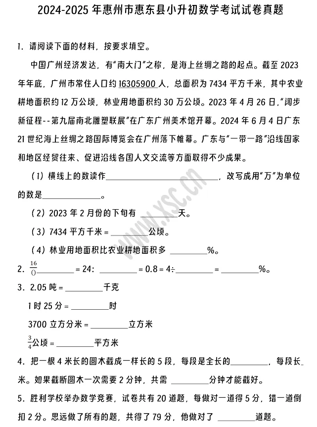 2024-2025年惠州市惠東縣小升初數(shù)學(xué)考試試卷1